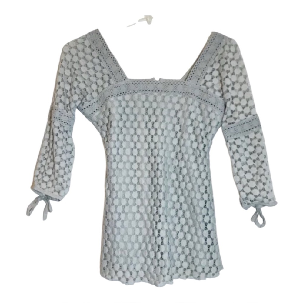 Solitaire Boho Honeycomb Bell Sleeve Gray Crochet Cottagecore Festive Top Sz M